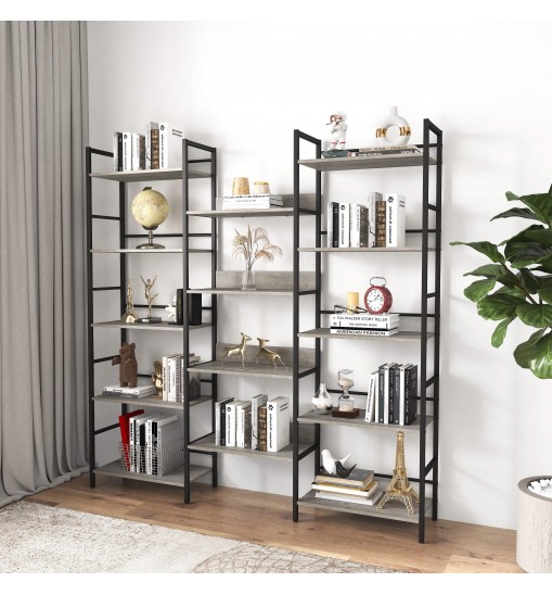 Triple Wide 5-shelf Bookshelves Industrial Retro Wooden Style Home and Office Large Open Bookshelves, Grey, 69.3"W x 11.8"D x 70.1"H