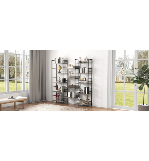 Triple Wide 5-shelf Bookshelves Industrial Retro Wooden Style Home and Office Large Open Bookshelves, Grey, 69.3"W x 11.8"D x 70.1"H