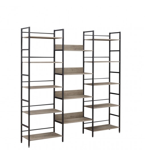 Triple Wide 5-shelf Bookshelves Industrial Retro Wooden Style Home and Office Large Open Bookshelves, Grey, 69.3"W x 11.8"D x 70.1"H