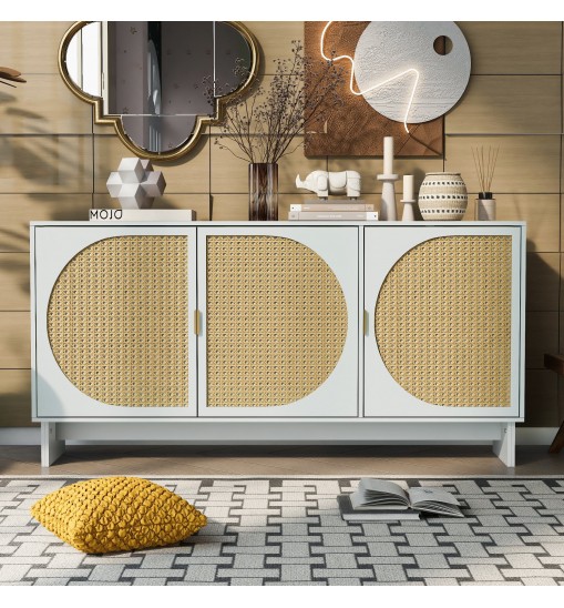 U_Style Storage Cabinet with Rattan Door, Mid Century Modern Storage Cabinet with Adjustable Shelves, Accent Cabinet Buffet Cabinet for Living Room, Entryway