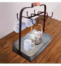 Benzara AMC0018 Rustic Style Galvanized Metal Crockery Holder with Six Cup Hooks, Gray