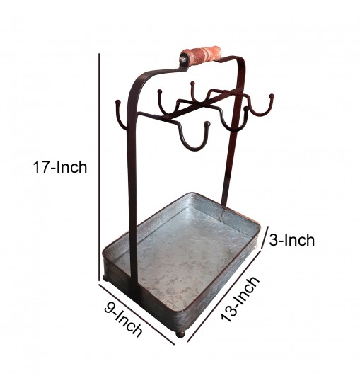 Benzara AMC0018 Rustic Style Galvanized Metal Crockery Holder with Six Cup Hooks, Gray