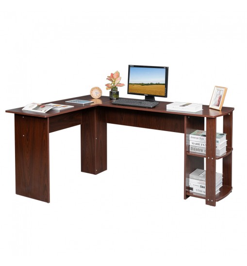 L-Shaped Wood Right-angle Computer Desk with Two-layer Bookshelves RT