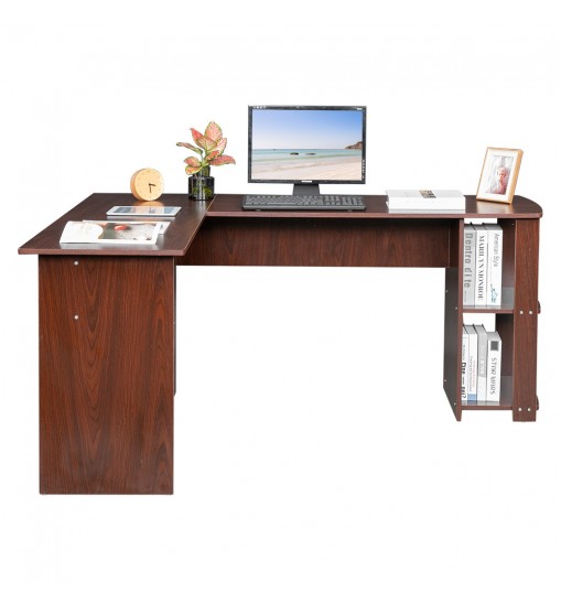 L-Shaped Wood Right-angle Computer Desk with Two-layer Bookshelves RT