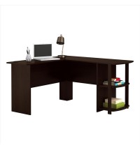 FCH L-Shaped Wood Right-angle Computer Desk with Two-layer Bookshelves Dark Brown RT