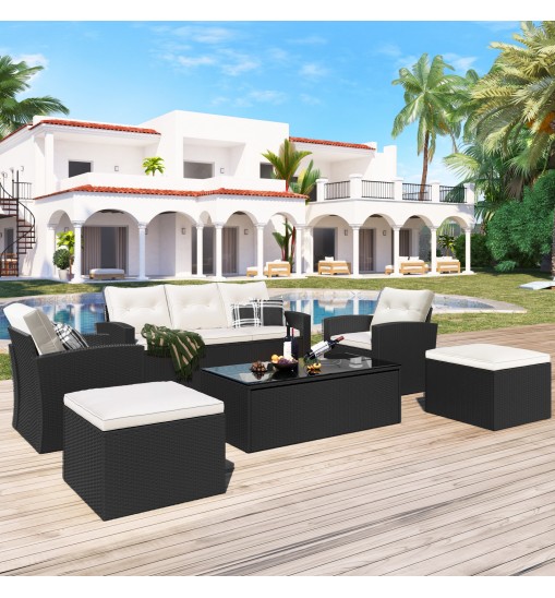 6-piece All-Weather Wicker PE rattan Patio Outdoor Dining Conversation Sectional Set with coffee table, wicker sofas, ottomans, removable cushions