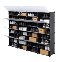 8-Tier Portable 64 Pair Shoe Rack Organizer 32 Grids Tower Shelf Storage Cabinet Stand Expandable for Heels, Boots, Slippers, Black YF