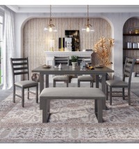 6-Pieces Family Furniture, Solid Wood Dining Room Set with Rectangular Table & 4 Chairs with Bench