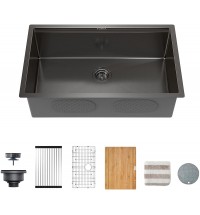 32-Inch Gloss Black Workstation Undermount Single Bowl Kitchen Sink;  16 Gauge Stainless Steel with Ceramic Coating and NanoTek Sink with Bamboo Cutting Board and Drain Tray