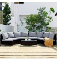 5 Pieces All-Weather Brown PE Rattan Wicker Sofa Set Outdoor Patio Sectional Furniture Set Half-Moon Sofa Set with Tempered Glass Table
