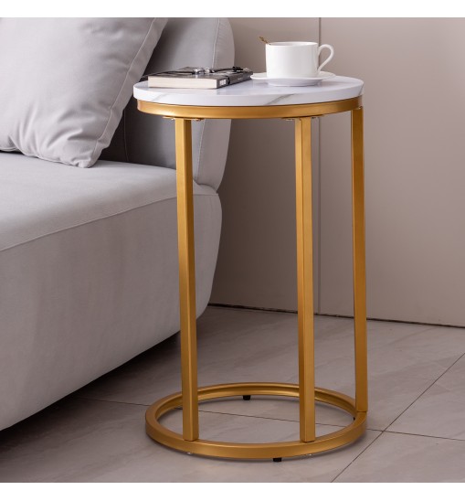 Modern C-shaped end/side table,Golden metal frame with round marble color top-15.75'