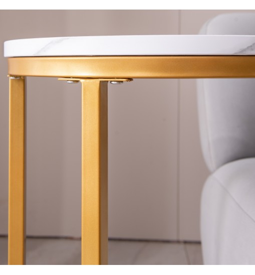 Modern C-shaped end/side table,Golden metal frame with round marble color top-15.75'