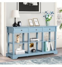 Console Sofa Table with Ample Storage; Retro Kitchen Buffet Cabinet Sideboard with Open Shelves and 3 Drawers; Accent Storage Cabinet for Entryway/Living Room Teal Blue Color