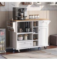 Kitchen Island Cart with Storage Cabinet and Two Locking Wheels; Solid wood desktop; Microwave cabinet; Floor Standing Buffet Server Sideboard for Kitchen Room; Dining Room; ; Bathroom(White)