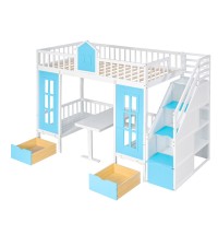 Twin-Over-Twin Bunk Bed with Changeable Table ; Bunk Bed Turn into Upper Bed and Down Desk with 2 Drawers - Blue