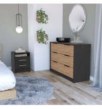Benson 2 Piece Bedroom Set, Nightstand + Drawer Dresser, Black / Light Oak