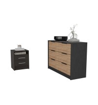 Benson 2 Piece Bedroom Set, Nightstand + Drawer Dresser, Black / Light Oak