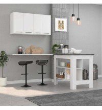 Caledon 2 Piece Kitchen Set, Kitchen Island + Upper Wall Cabinet , White /Walnut