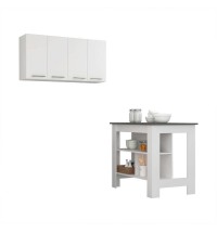 Caledon 2 Piece Kitchen Set, Kitchen Island + Upper Wall Cabinet , White /Walnut