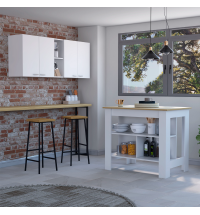 Austin 2 Piece Kitchen Set, Upper Wall Cabinet + Kitchen Island , White /Walnut