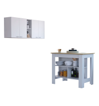 Austin 2 Piece Kitchen Set, Upper Wall Cabinet + Kitchen Island , White /Walnut