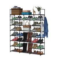 8-Tier 3-Row Shoe Rack Metal Shoe Storage Shelf Free Standing Large Shoe Stand 42 Pairs Shoe Tower Unit Tall Shoe Organizer with 2 Hooks for Entryway Closet Garage Bedroom