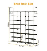 8-Tier 3-Row Shoe Rack Metal Shoe Storage Shelf Free Standing Large Shoe Stand 42 Pairs Shoe Tower Unit Tall Shoe Organizer with 2 Hooks for Entryway Closet Garage Bedroom