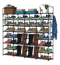 8-Tier 4-Row Shoe Rack Metal Shoe Storage Shelf Free Standing Large Shoe Stand 56 Pairs Shoe Tower Unit Tall Shoe Organizer with 2 Hooks for Entryway Closet Garage Bedroom