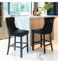 Furniture; Contemporary Velvet Upholstered Barstools with Button Tufted Decoration and Wooden Legs;  and Chrome Nailhead Trim;  Leisure Style Bar Chairs; Bar stools;  Set of 2
