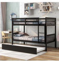Twin Over Twin Bunk Beds with Trundle; Solid Wood Trundle Bed Frame with Safety Rail and Ladder; Kids/Teens Bedroom; Guest Room Furniture; Can Be converted into 2 Beds; Espresso