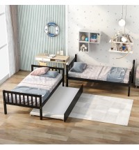 Twin Over Twin Bunk Beds with Trundle; Solid Wood Trundle Bed Frame with Safety Rail and Ladder; Kids/Teens Bedroom; Guest Room Furniture; Can Be converted into 2 Beds; Espresso
