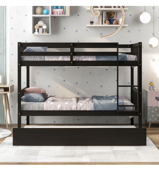 Twin Over Twin Bunk Beds with Trundle; Solid Wood Trundle Bed Frame with Safety Rail and Ladder; Kids/Teens Bedroom; Guest Room Furniture; Can Be converted into 2 Beds; Espresso