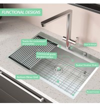 Workstation 33-inch Drop-In 16 Gauge Kitchen Sink R10 Radius Stainless Steel Kitchen Sink Single Bowl with Intergrated Ledge & Accessories (Pack of 5) -33"x22"x10"