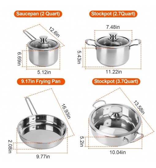 Stainless Steel Cookware Set Fast Even Heat Induction Pots Pans Set Dishwasher Safe with 2.7 3.7 Quart Stockpot 2 Quart Saucepan 9.17in Frying Pan