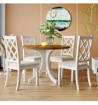 Mid-Century Solid Wood 5-Piece Round Dining Table Set;  Kitchen Table Set with Upholstered Chairs for Small Places