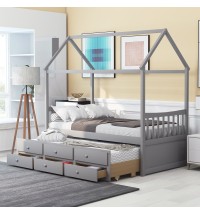 Twin size Wooden House Bed with Trundle and 3 Storage Drawers-Gray