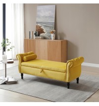 63" Velvet Multifunctional Storage Rectangular Sofa Stool Buttons Tufted Nailhead Trimmed Solid Wood Legs with 1 Pillow; Yellow