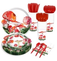 Red Watercolor Mushroom Paper Plates Party Supplie Plates and Napkins Birthday Disposable Tableware Set Party Dinnerware Serves 8 Guests for Plates, Napkins, Cups 68PCS