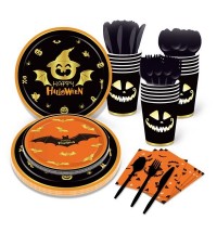 Halloween Pumpkin Blood Hand Bat Paper Plates Party Supplie Plates and Napkins Birthday Disposable Tableware Set Party Dinnerware Serves 8 Guests for Plates, Napkins, Cups 68PCS