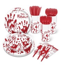 Halloween Blood Hand Bleeding Paper Plates Party Supplie Plates and Napkins Birthday Disposable Tableware Set Party Dinnerware Serves 8 Guests for Plates, Napkins, Cups 68PCS