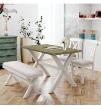 4 Pieces Farmhouse Rustic Wood Kitchen Dining Table Set with Upholstered 2 X-back Chairs and Bench,Gray Green+White+Beige