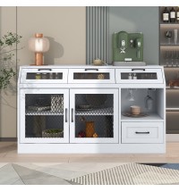 Kitchen Sideboard Multifunctional Buffet Cabinet with 4 Drawers, Mesh Metal Doors with Adjustable Shelves and Wineglass Holders