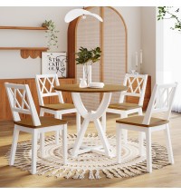 Mid-Century 5-Piece Round Dining Table Set with Trestle Legs and 4 Cross Back Dining Chairs