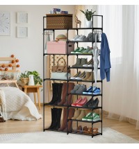 9 Tiers Plus 5 Tiers Shoe Rack Metal Shoe Storage Shelf Free Standing Large Shoe Stand 28+ Pairs Shoe Tower Unit Tall Shoe Organizer with Side Hooks for Entryway Closet Garage Bedroom