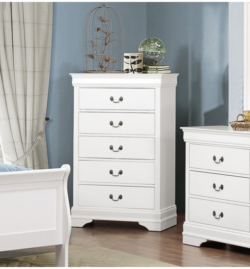 Traditional Design White Finish 1pc Chest of 5 Drawers Antique Drop Handles Drawers Bedroom Furniture