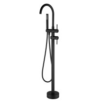 Double-Handle Freestanding Floor Mount Roman Tub Faucet Bathtub Filler with Hand Shower in Matte Black