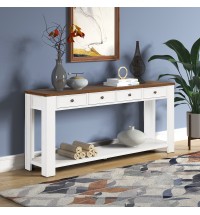 63" Pine Wood Console Table with 4 Drawers and 1 Bottom Shelf for Entryway Hallway Easy Assembly 63 inch Long Sofa Table (Antique White+ Brown Top)