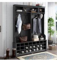 ON-TREND Modern Style Multiple Functions Hallway Coat Rack with Metal Black Hooks, Entryway Bench 60" Wide Hall Tree with Ample Storage Space and 24 Shoe Cubbies , Black (OLD SKU: WF286983AAB )