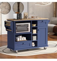 Kitchen Island Cart with Storage Cabinet and Two Locking Wheels,Solid wood desktop,Microwave cabinet,Floor Standing Buffet Server Sideboard for Kitchen Room,Dining Room,, Bathroom(Dark blue)