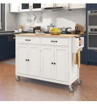 Kitchen Island Cart with Solid Wood Top and Locking Wheels,54.3 Inch Width,4 Door Cabinet and Two Drawers,Spice Rack, Towel Rack (White)